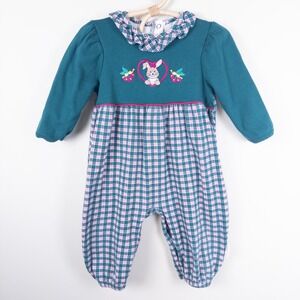 Vintage 90s Healthtex Romper Toddler 18M Teal Plaid Bunny Embroidered Snaps